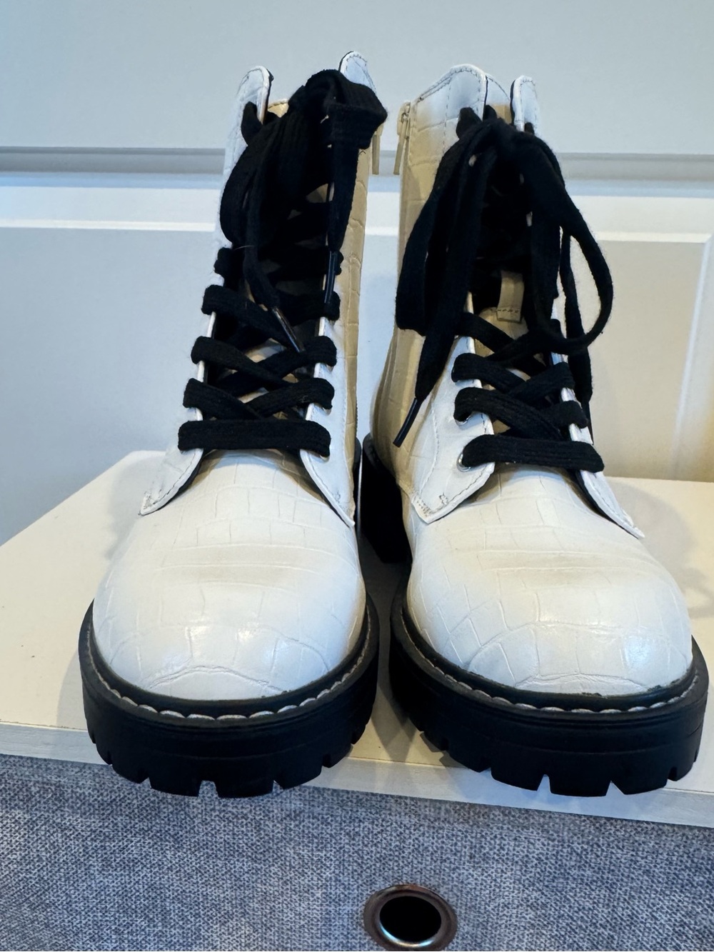 Sugar White Croc-Texture Combat Boots with Black Laces